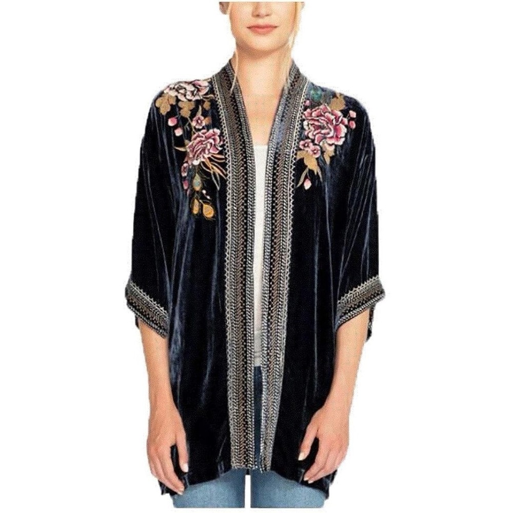 Johnny Was Quito Velvet Silk Navy Blue Kimono Duster Peacock Embroidered Sz S - Picture 5 of 16